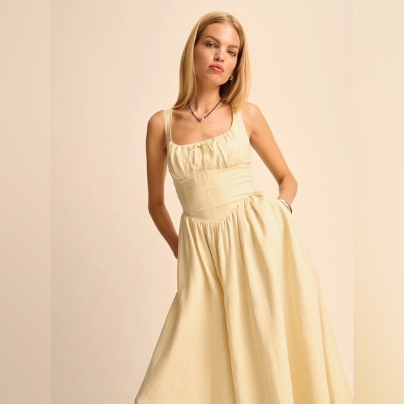 NEW Reformation Balia Linen Midi Dress in Parmesan Light Yellow | US 0 UK 4 - Picture 1 of 17